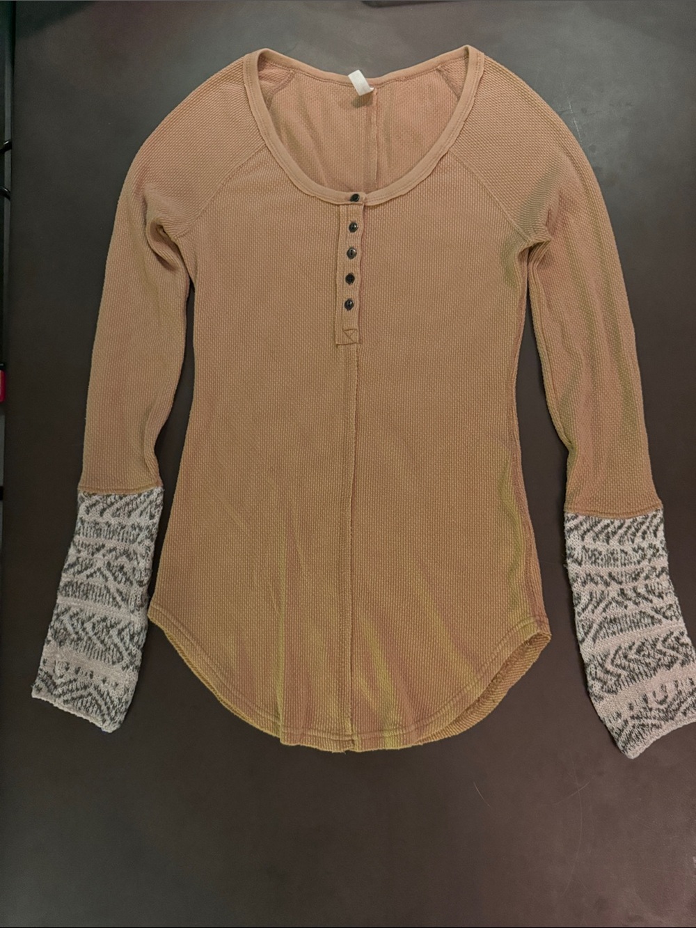 Free People Tan Waffle Henley with Patterned Gray Cuffs